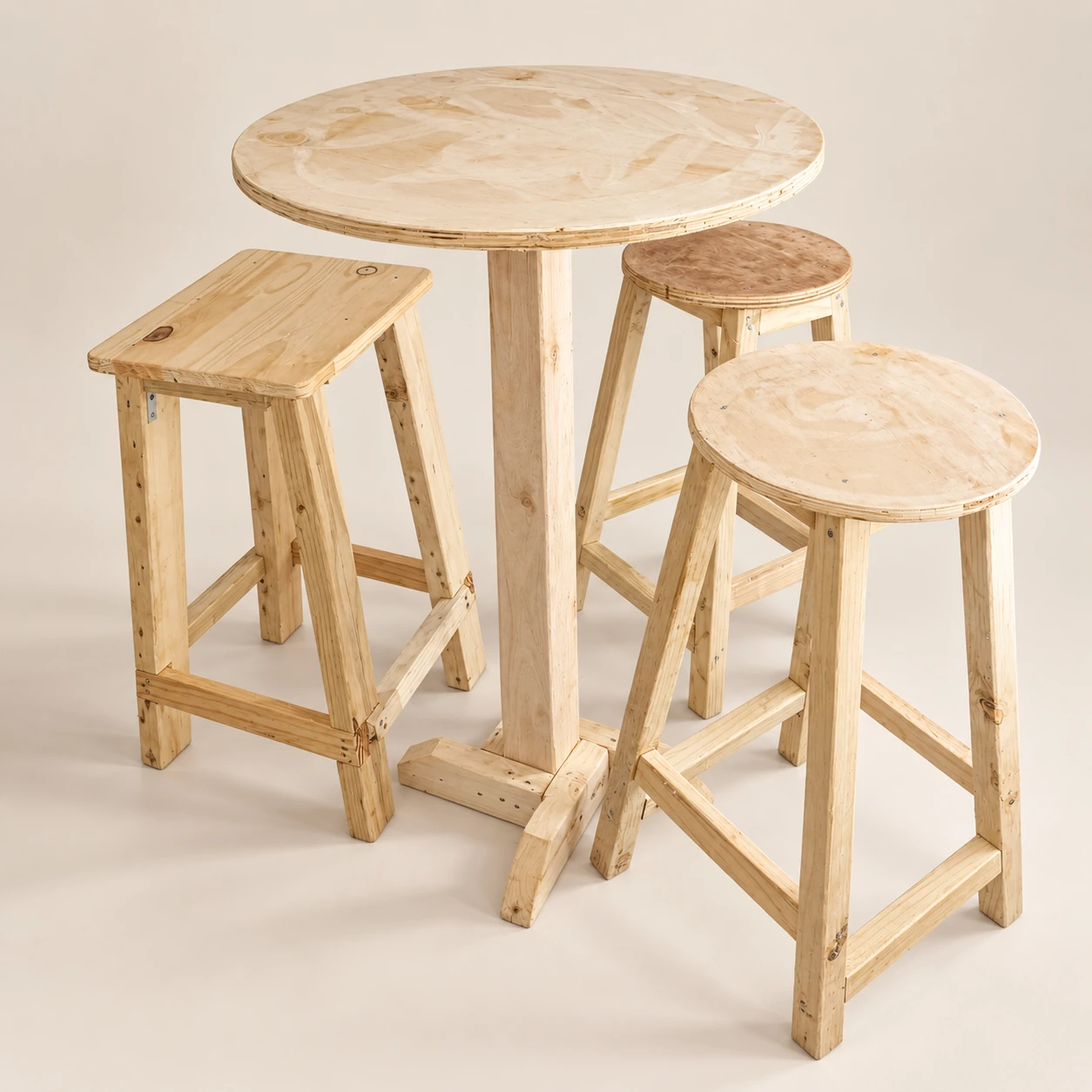 Pale Wood Bar Table and Three Stools