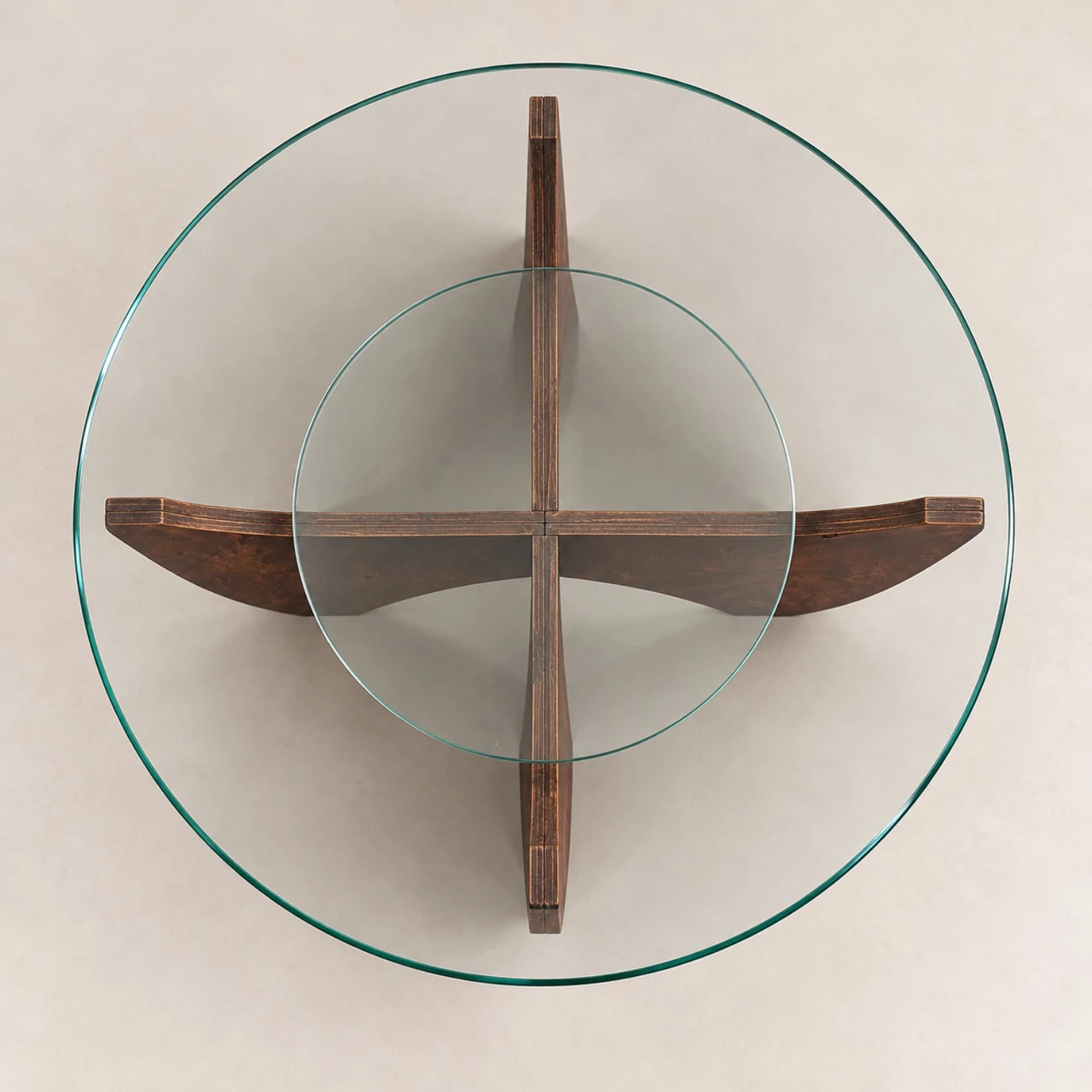 Aerial view of Dayisa izwe showing two circular glass surfaces and the intersecting wooden base